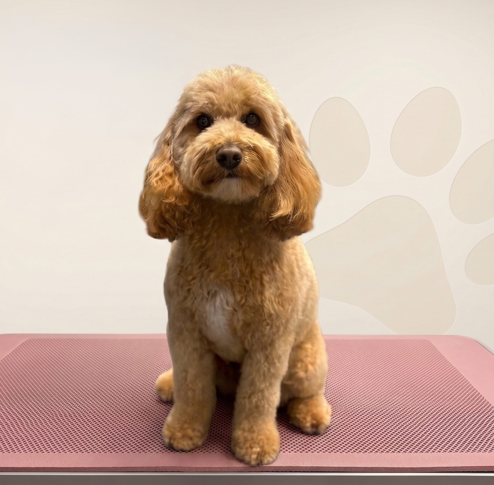 A cockapoo sitting calmly on the grooming table after a full groom